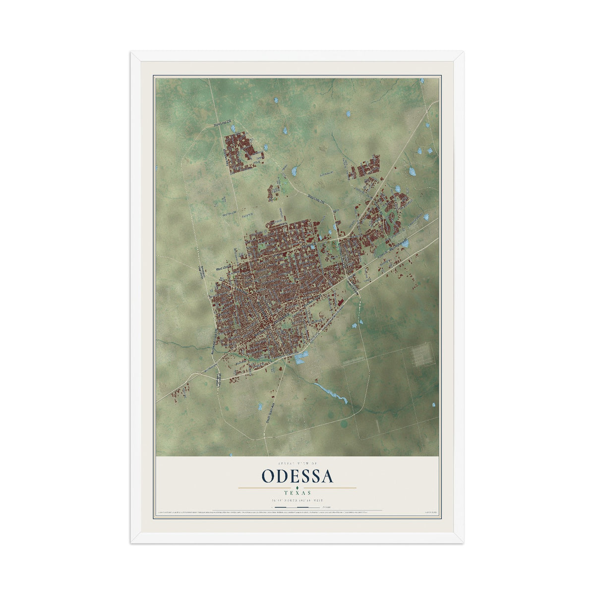 Map of Odessa, Texas, 12 x 18 inch print in a white wood frame