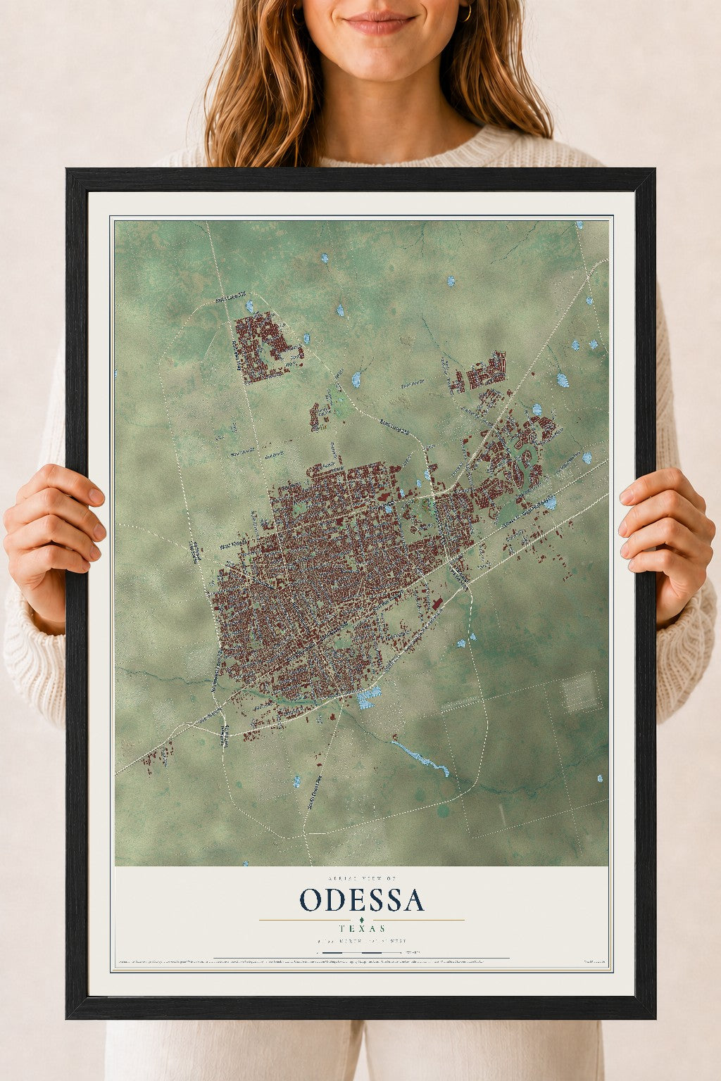 Map of Odessa, Texas, 18 x 24 inch print in a black wood frame