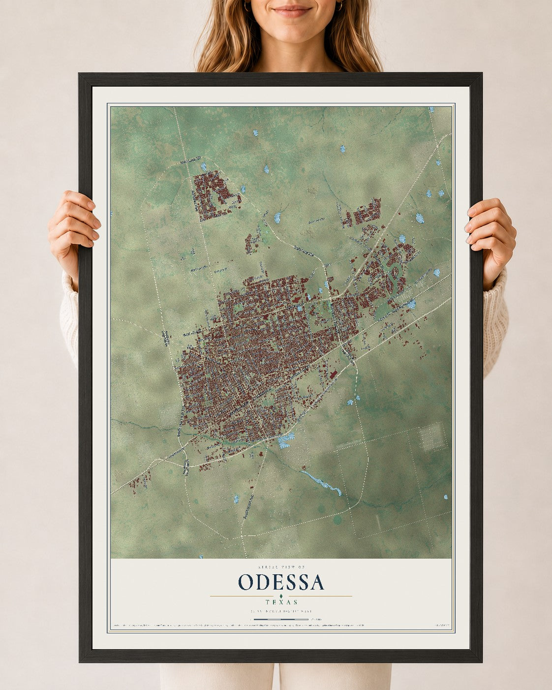 Map of Odessa, Texas, 24 x 36 inch print in a black wood frame