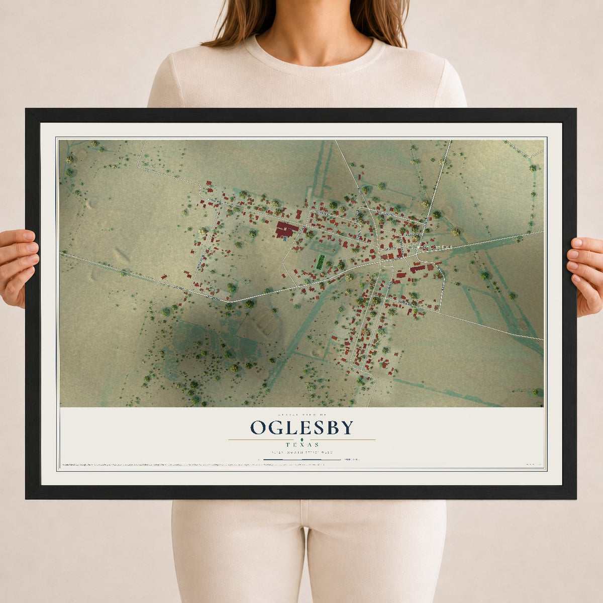 Map of Oglesby, Texas, 18 x 24 inch print in a black wood frame
