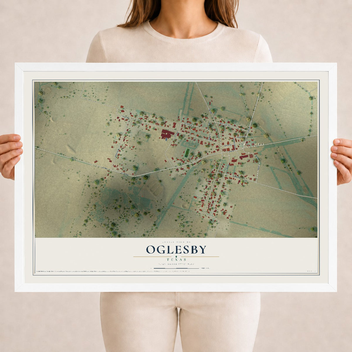 Map of Oglesby, Texas, 18 x 24 inch print in a white wood frame