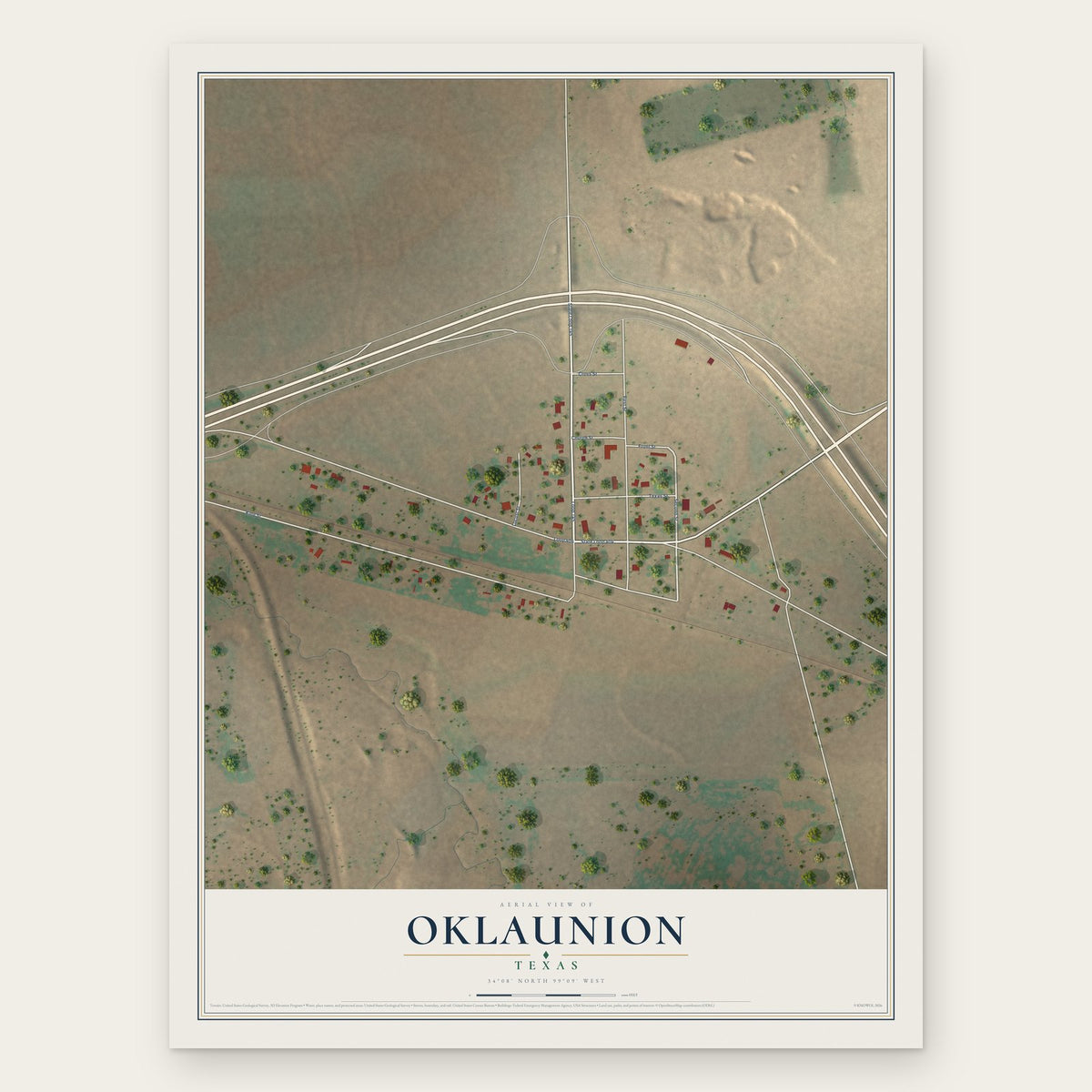Oklaunion, Texas map print, the full design