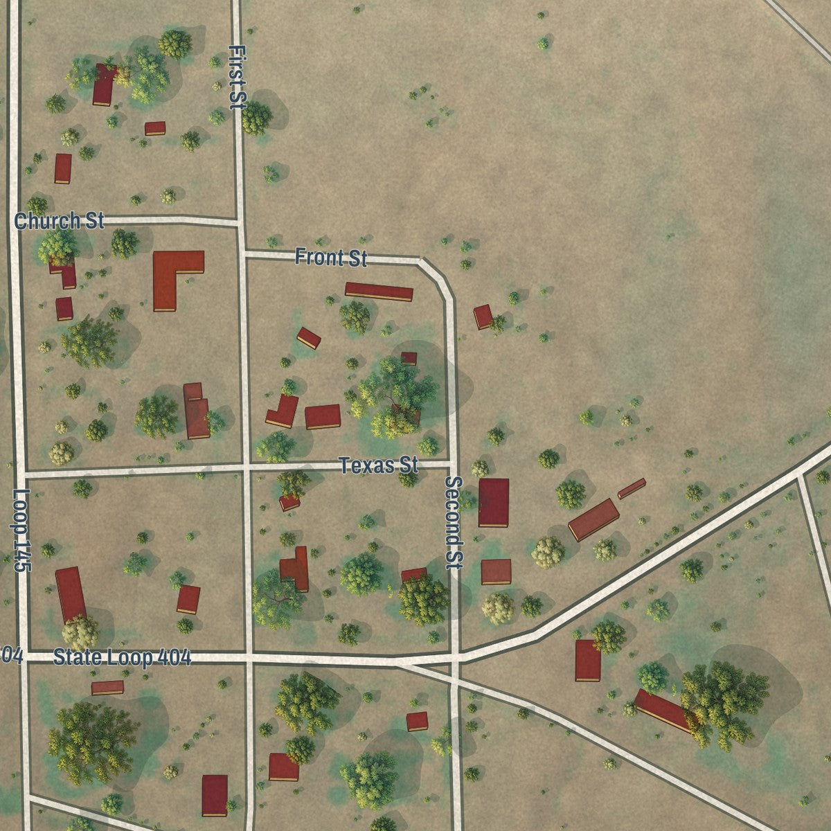 Close-up of the map of Oklaunion, Texas print showing street and building detail