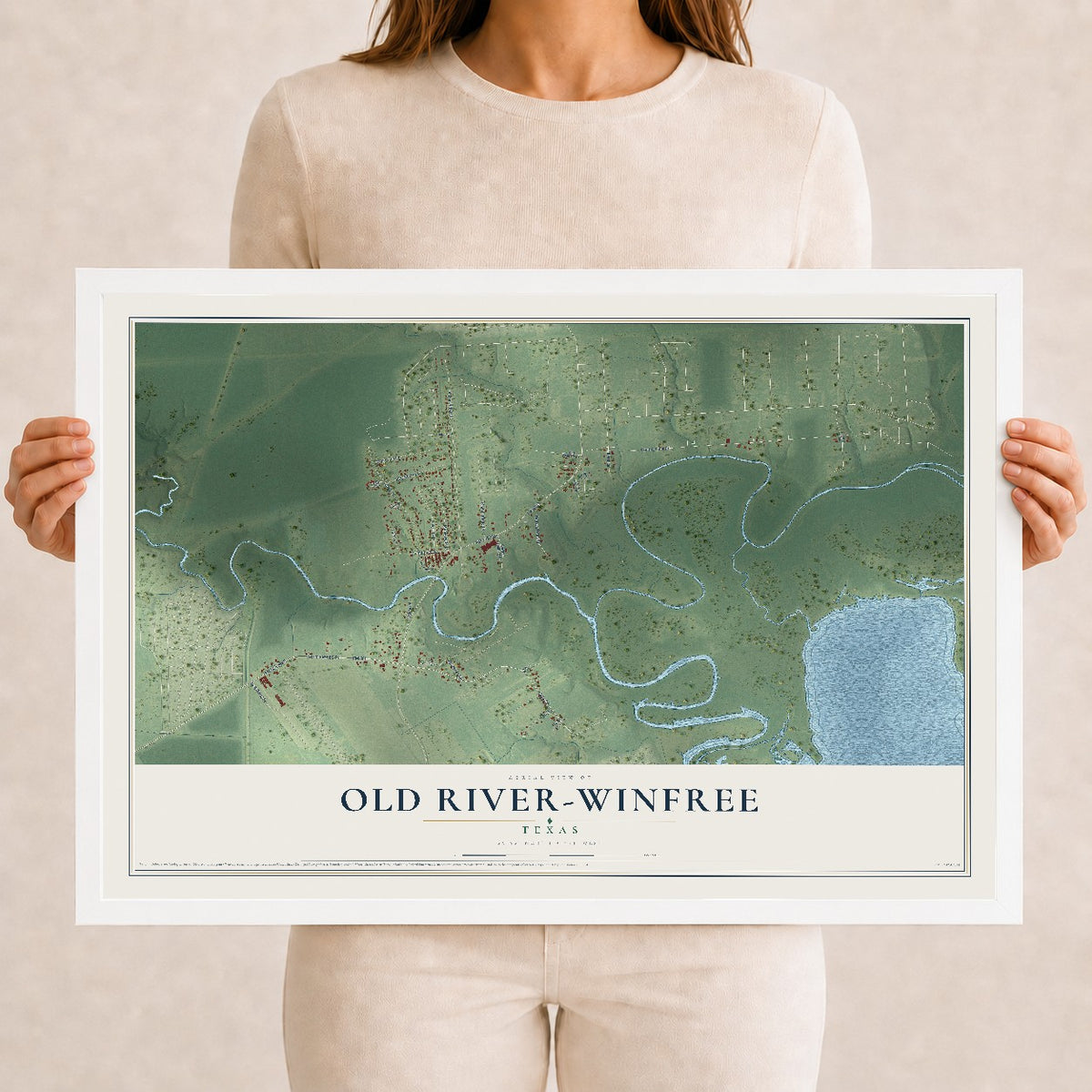 Map of Old River-Winfree, Texas, 12 x 18 inch print in a white wood frame