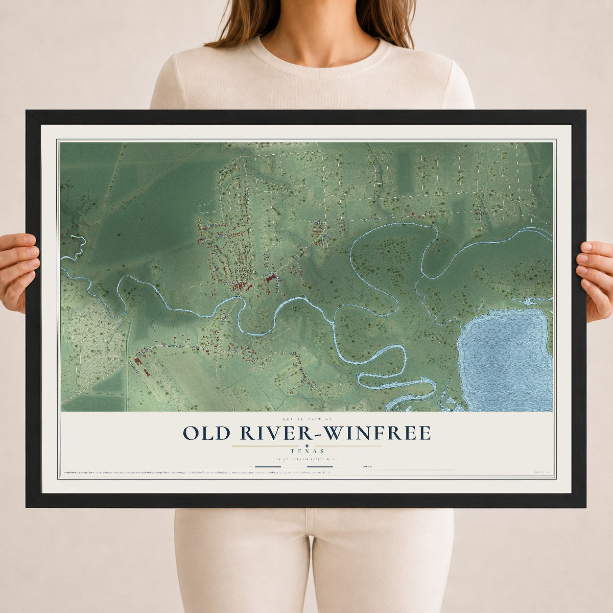 Map of Old River-Winfree, Texas, 18 x 24 inch print in a black wood frame