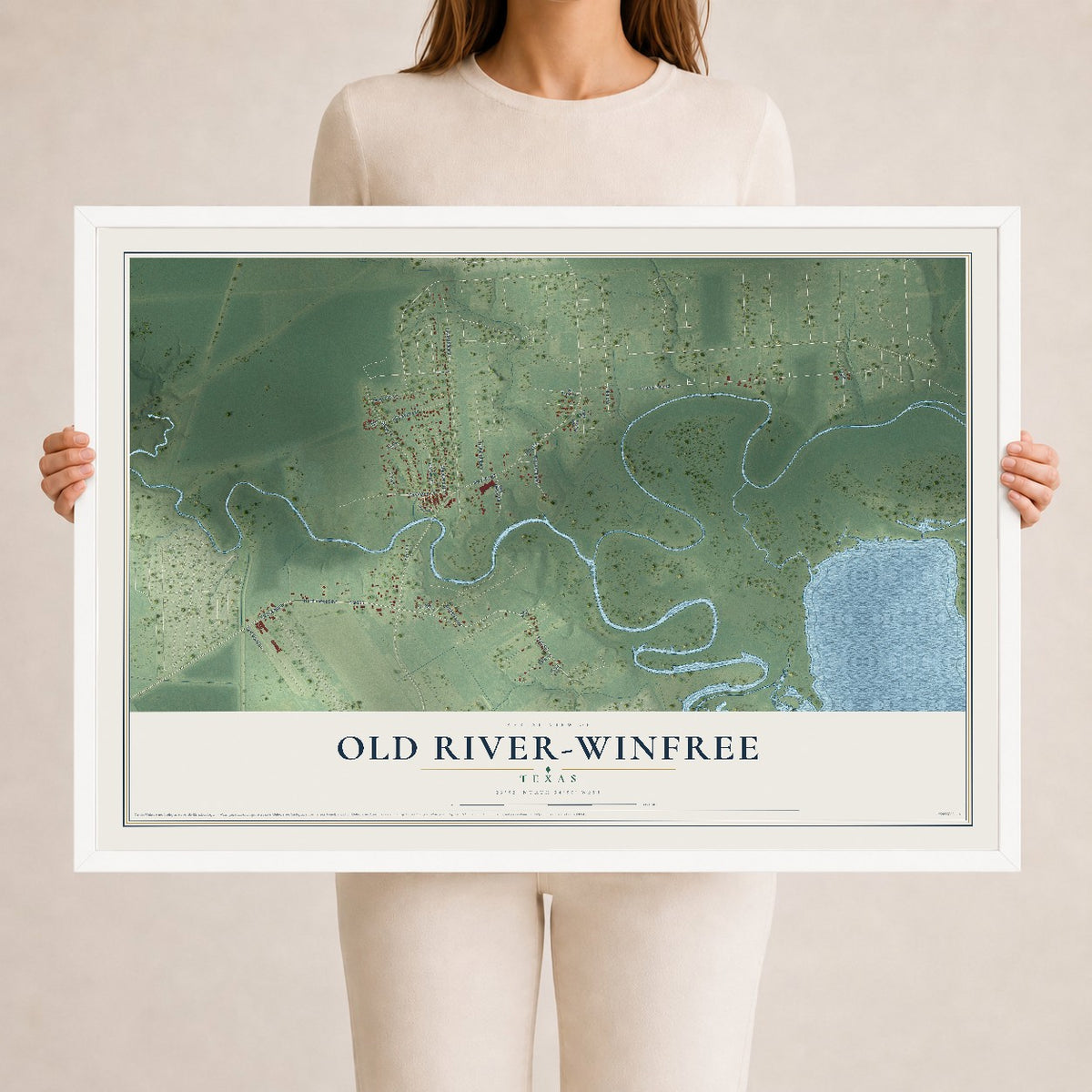 Map of Old River-Winfree, Texas, 24 x 36 inch print in a white wood frame