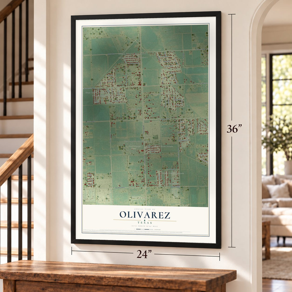Olivarez, Texas map, 24 x 36 inch print in a black frame by a staircase