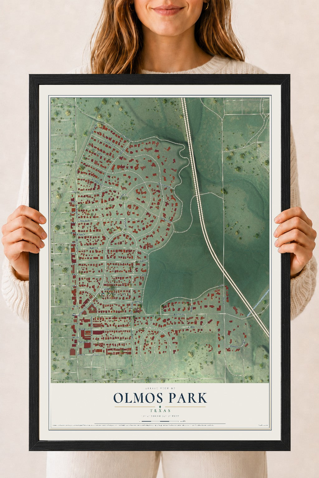 Map of Olmos Park, Texas, 18 x 24 inch print in a black wood frame