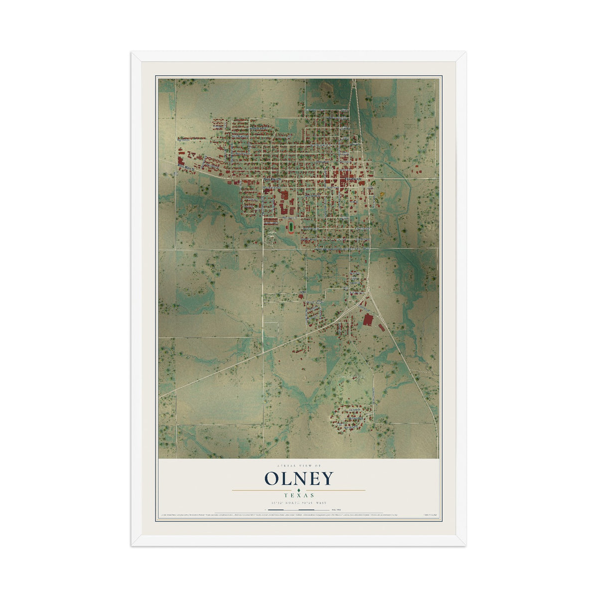 Map of Olney, Texas, 12 x 18 inch print in a white wood frame