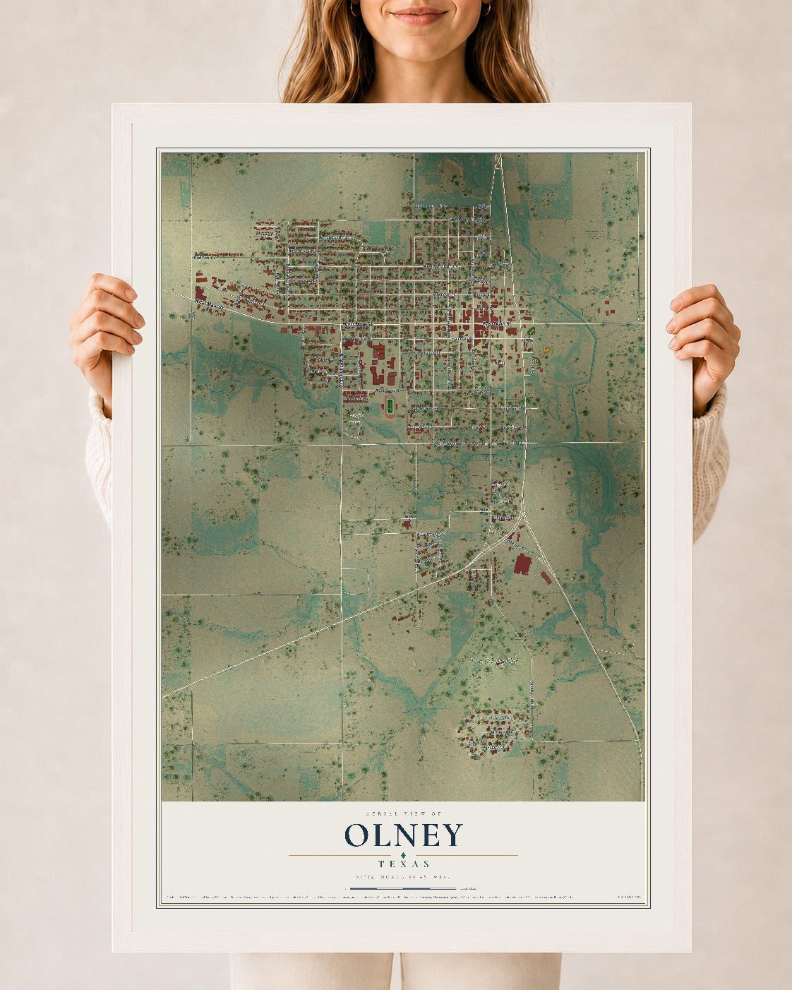 Map of Olney, Texas, 24 x 36 inch print in a white wood frame