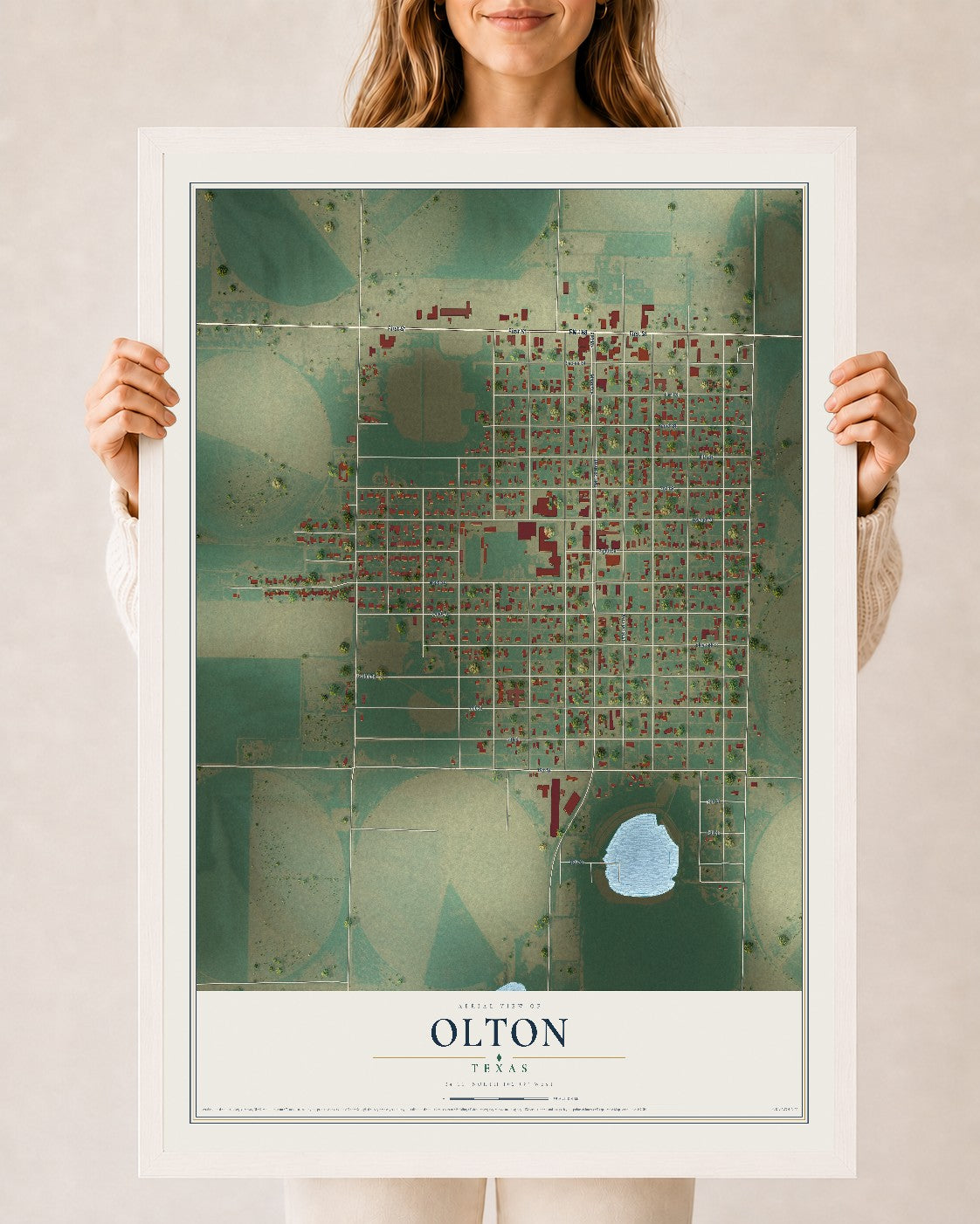 Map of Olton, Texas, 24 x 36 inch print in a white wood frame