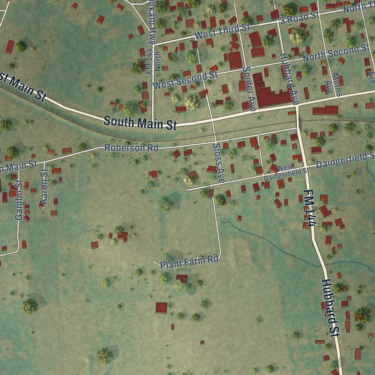 Close-up of the map of Omaha, Texas print showing street and building detail