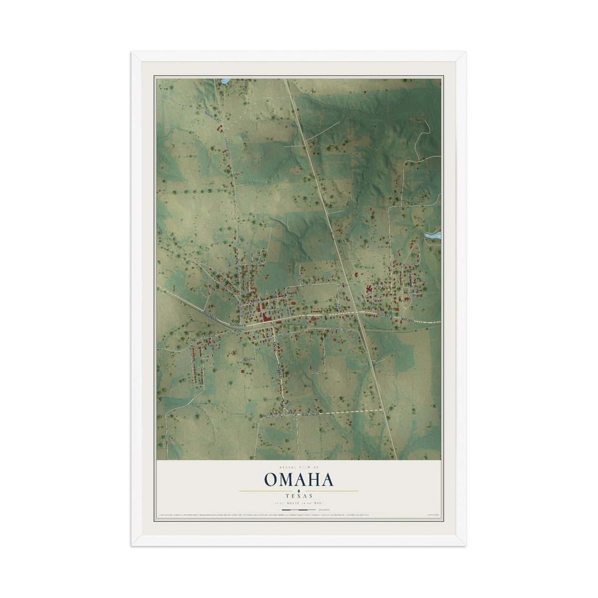 Map of Omaha, Texas, 12 x 18 inch print in a white wood frame