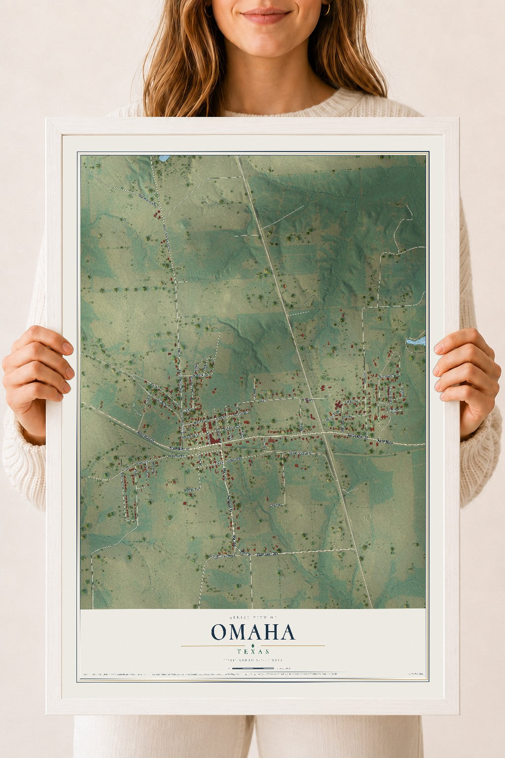 Map of Omaha, Texas, 18 x 24 inch print in a white wood frame