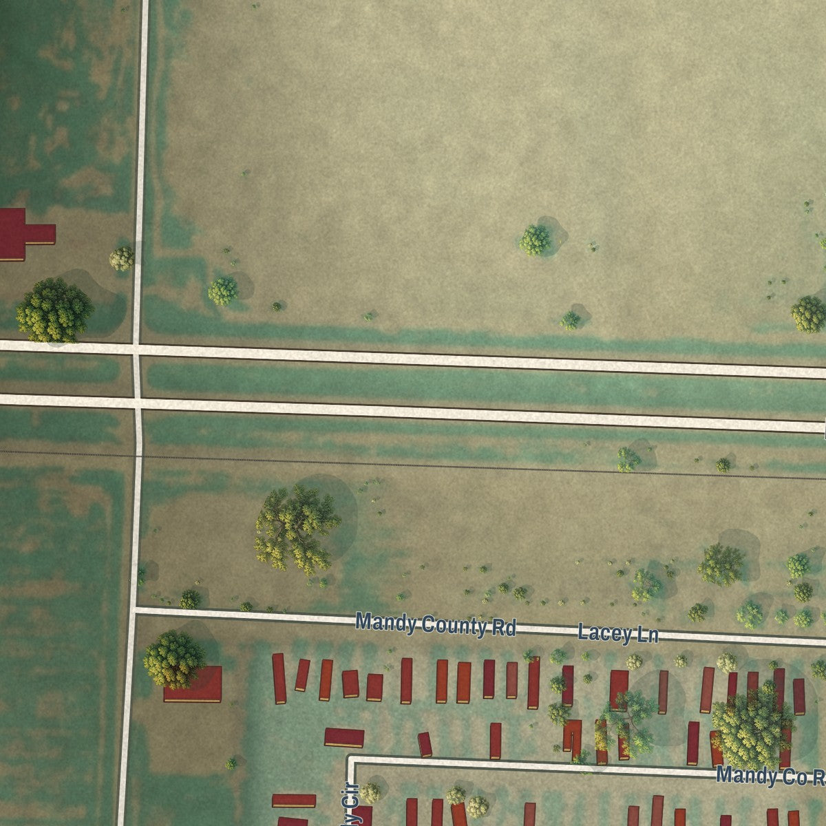 Close-up of the map of Opdyke West, Texas print showing street and building detail