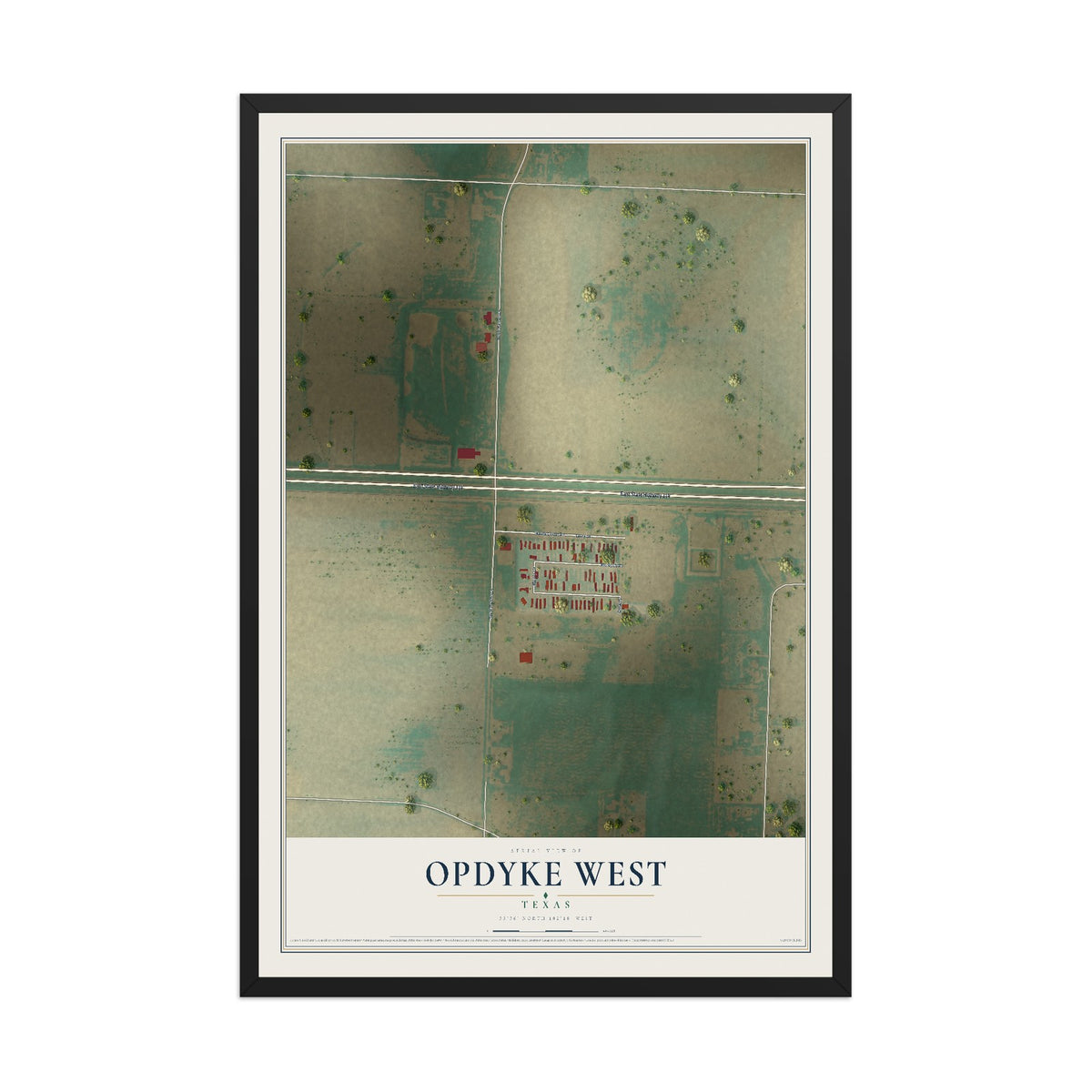 Map of Opdyke West, Texas, 12 x 18 inch print in a black wood frame