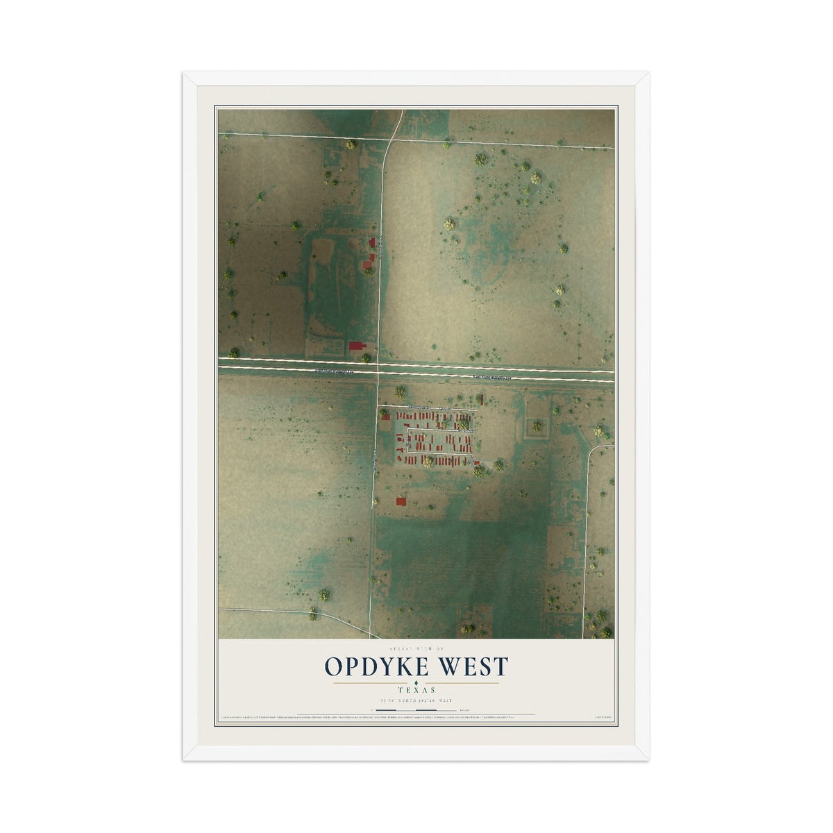 Map of Opdyke West, Texas, 12 x 18 inch print in a white wood frame