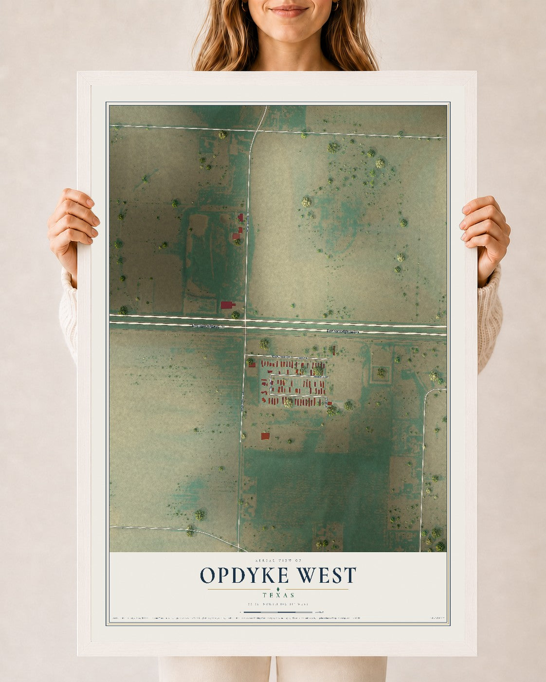 Map of Opdyke West, Texas, 24 x 36 inch print in a white wood frame