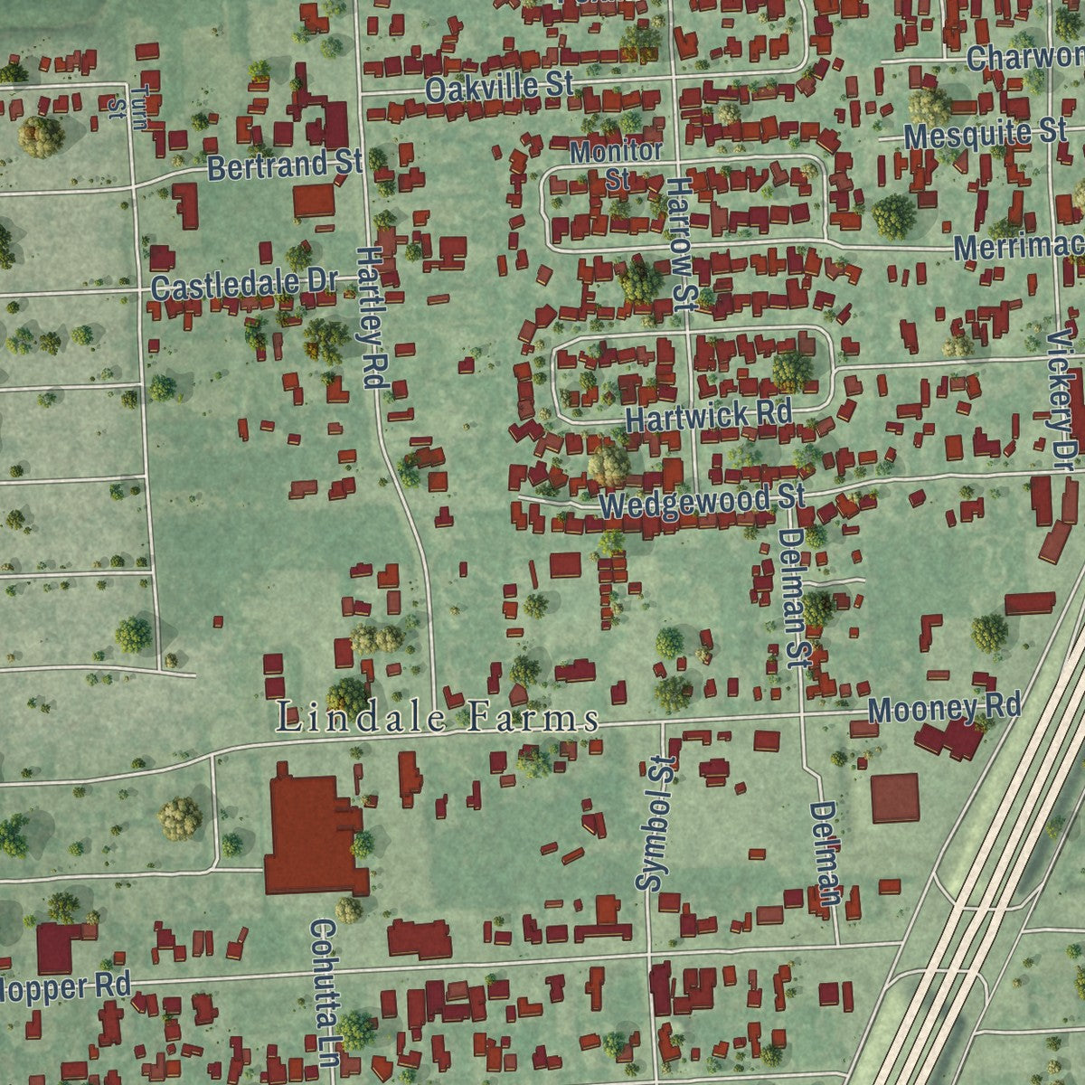 Close-up of the map of Orange Grove, Harris County, Texas print showing street and building detail