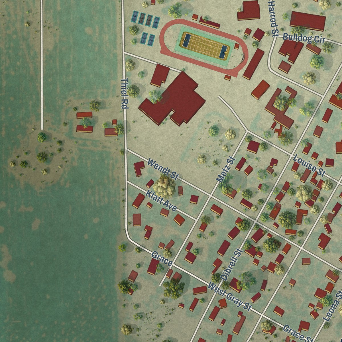 Second close-up of the map of Orange Grove, Texas print showing more streets and buildings