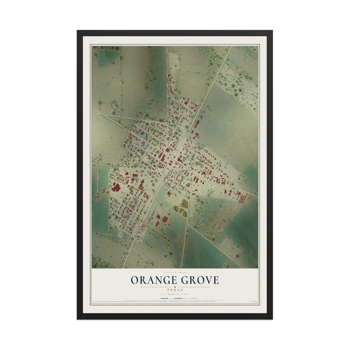 Map of Orange Grove, Texas, 12 x 18 inch print in a black wood frame