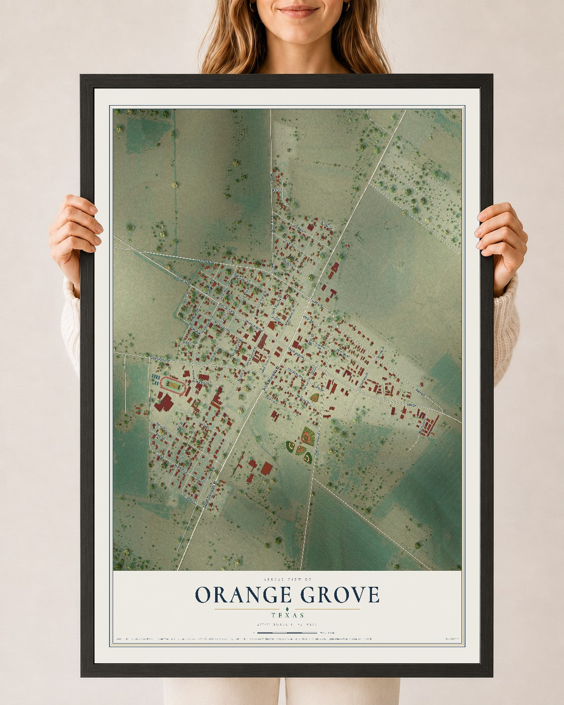 Map of Orange Grove, Texas, 24 x 36 inch print in a black wood frame