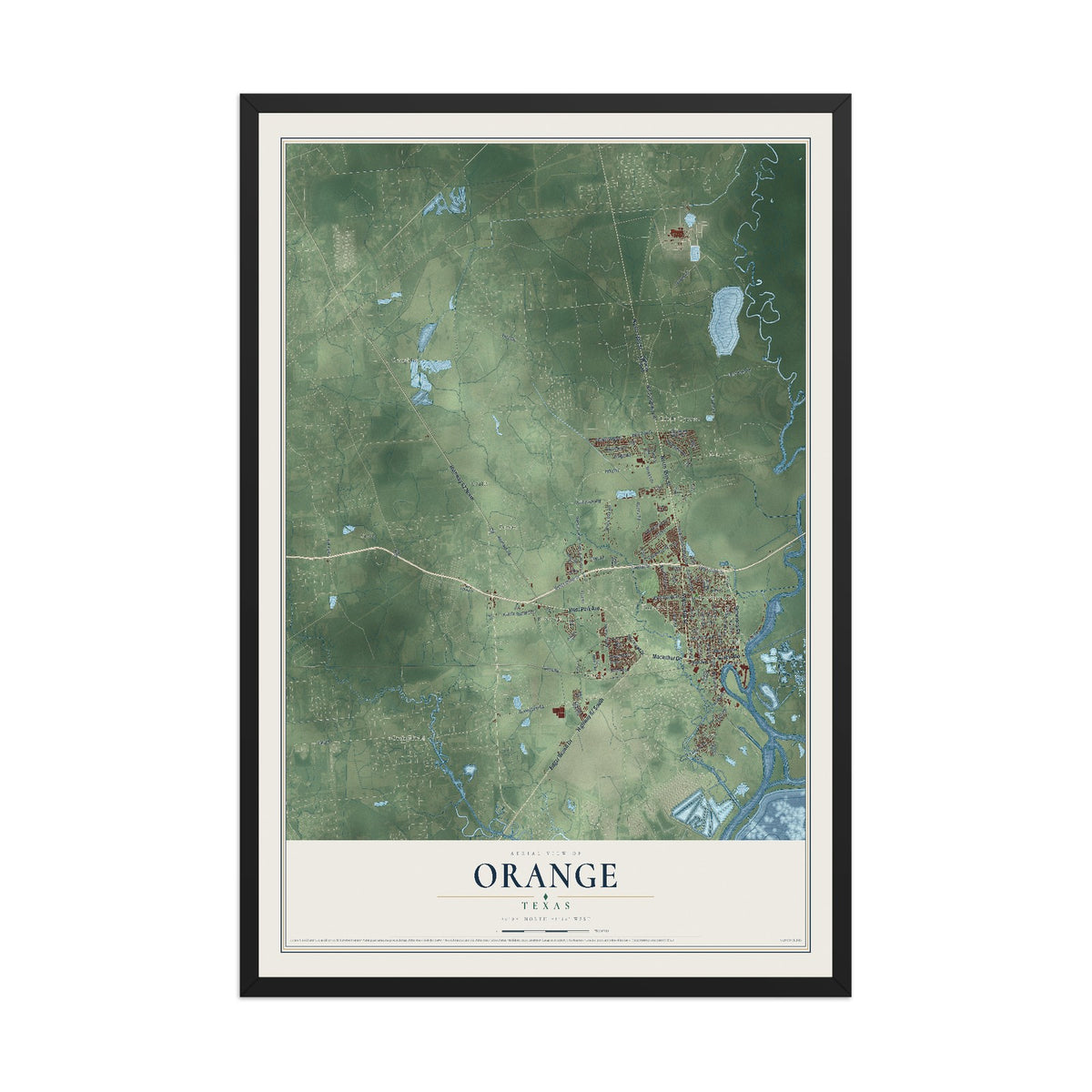 Map of Orange, Texas, 12 x 18 inch print in a black wood frame