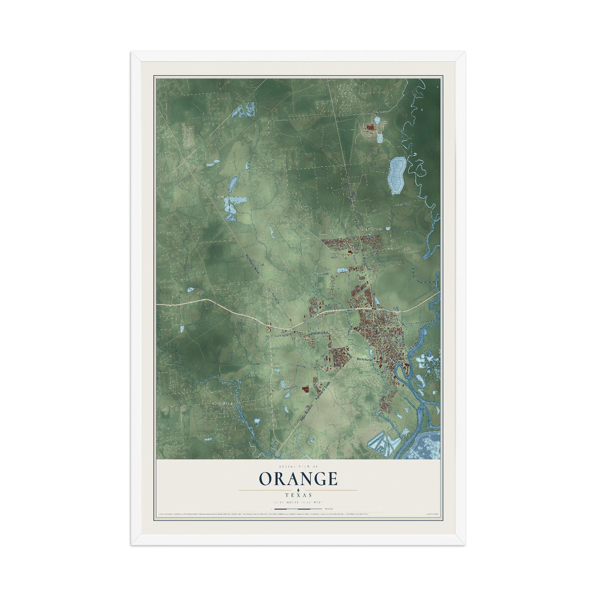 Map of Orange, Texas, 12 x 18 inch print in a white wood frame