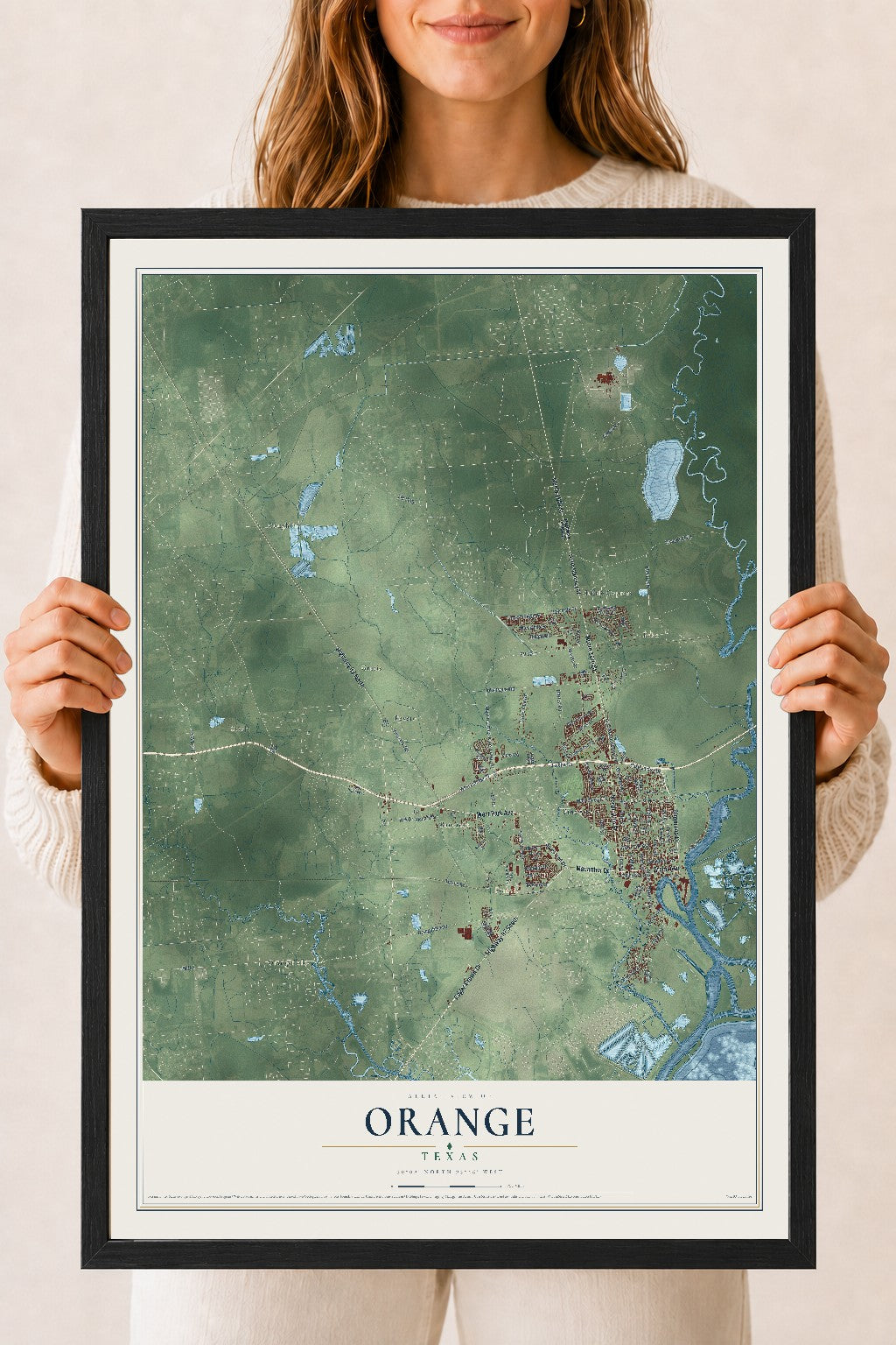 Map of Orange, Texas, 18 x 24 inch print in a black wood frame