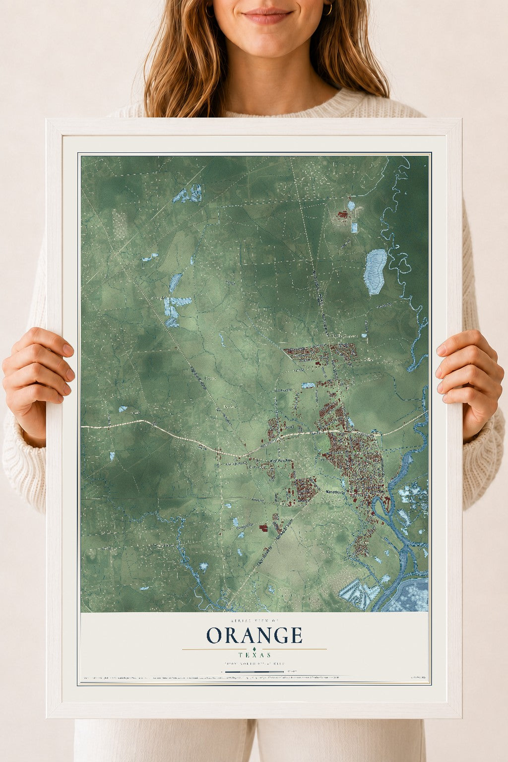 Map of Orange, Texas, 18 x 24 inch print in a white wood frame