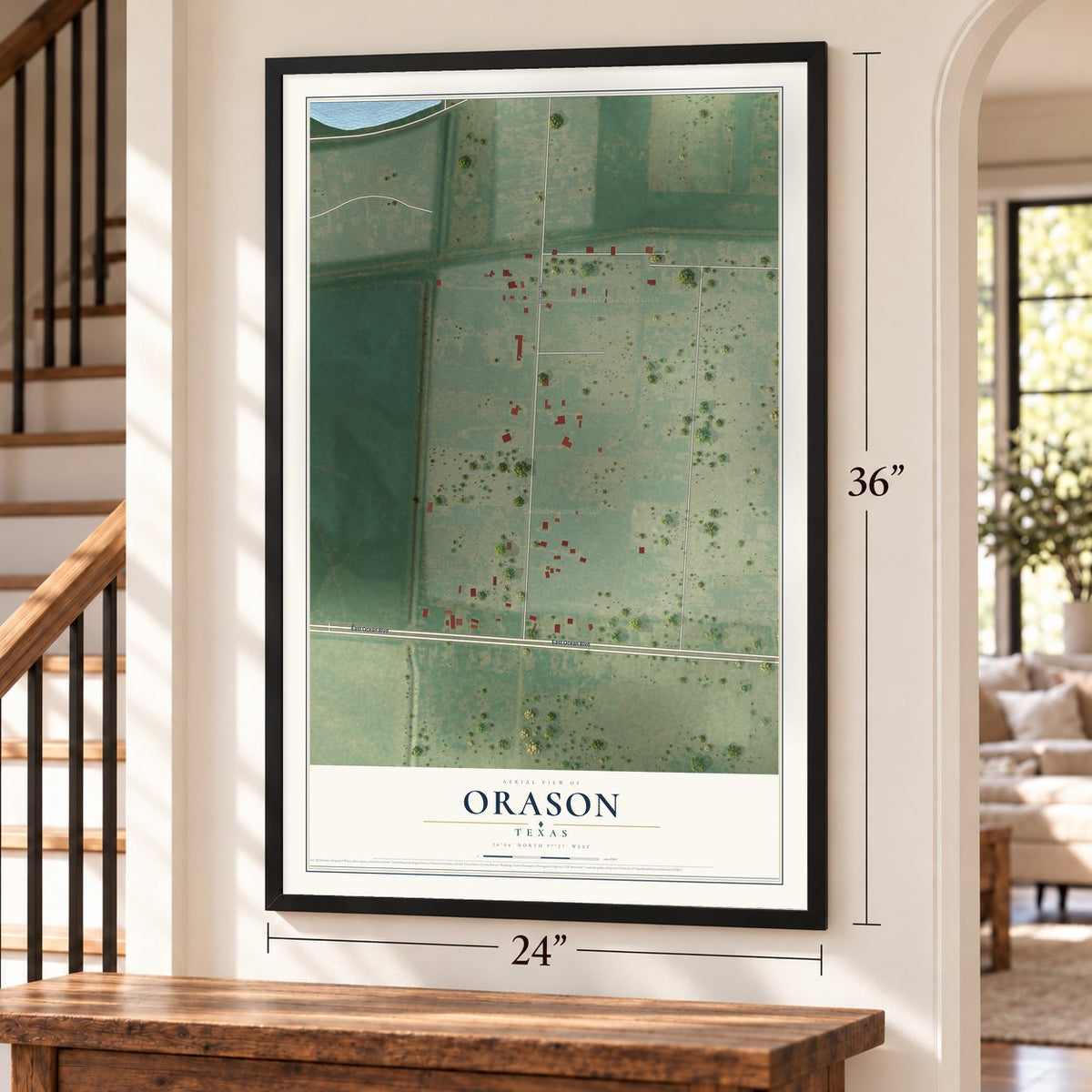 Orason, Texas map, 24 x 36 inch print in a black frame by a staircase