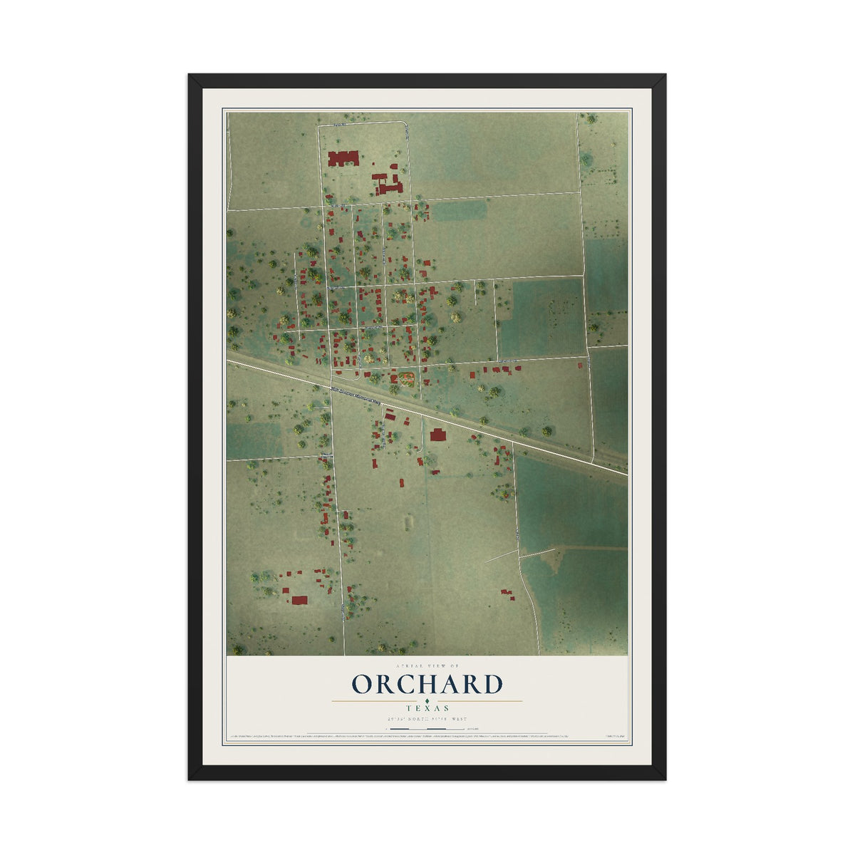 Map of Orchard, Texas, 12 x 18 inch print in a black wood frame