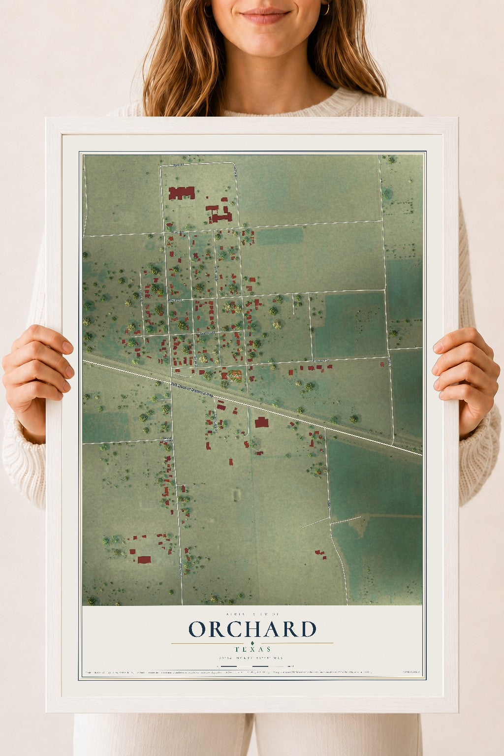 Map of Orchard, Texas, 18 x 24 inch print in a white wood frame