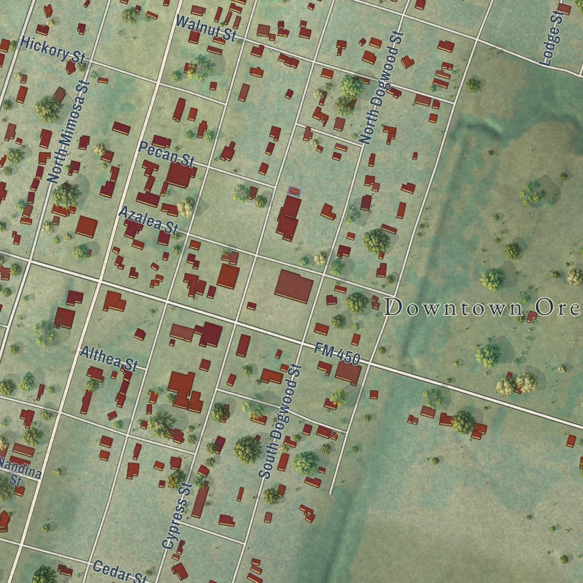 Close-up of the map of Ore City, Texas print showing street and building detail