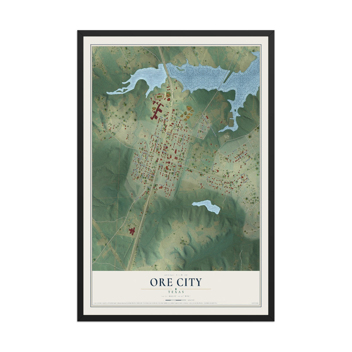 Map of Ore City, Texas, 12 x 18 inch print in a black wood frame