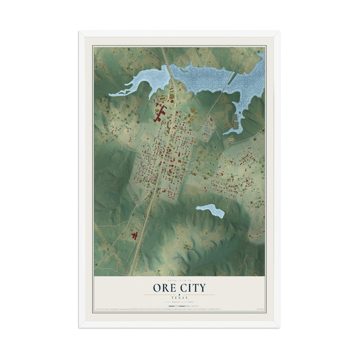 Map of Ore City, Texas, 12 x 18 inch print in a white wood frame