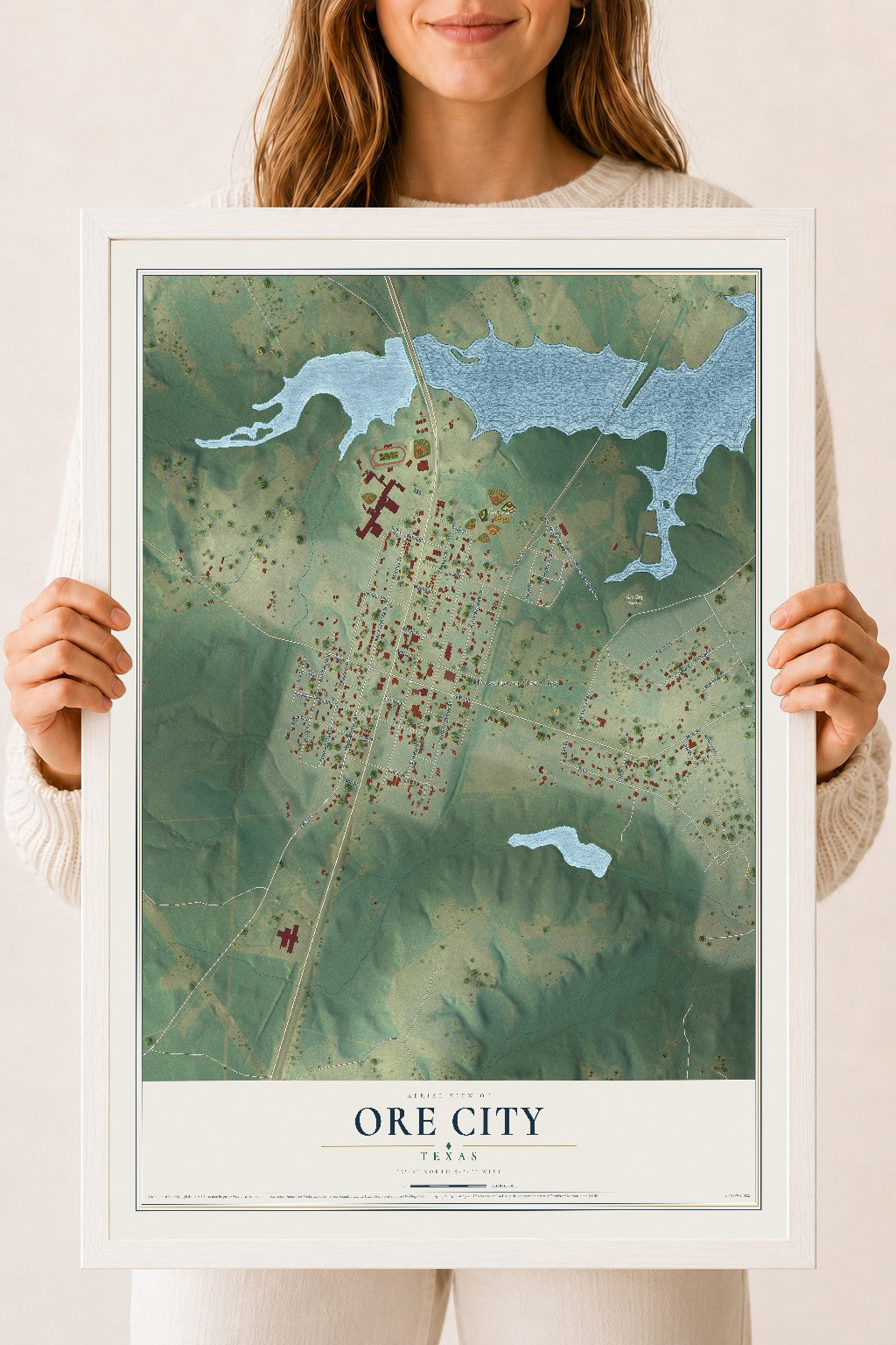 Map of Ore City, Texas, 18 x 24 inch print in a white wood frame