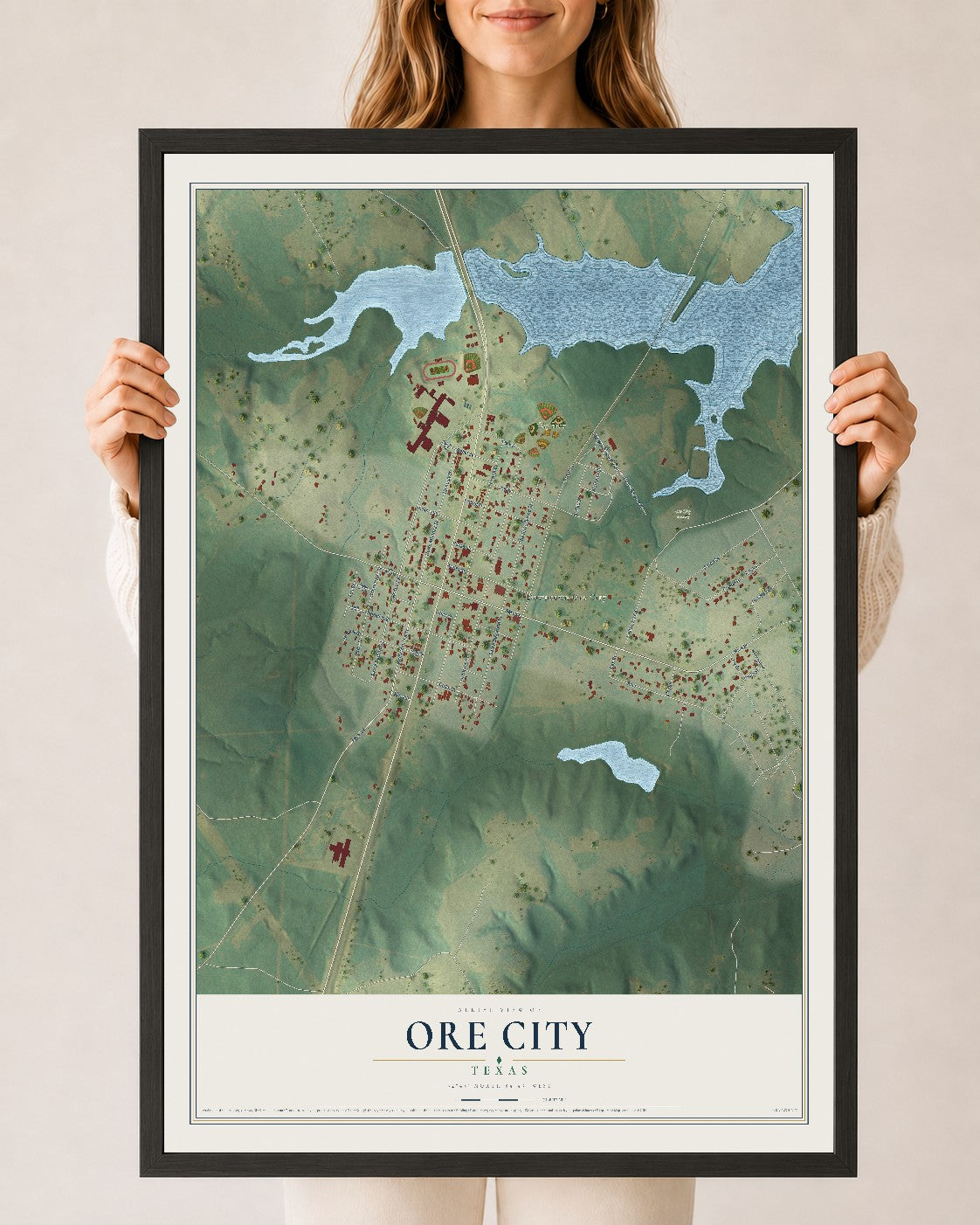 Map of Ore City, Texas, 24 x 36 inch print in a black wood frame