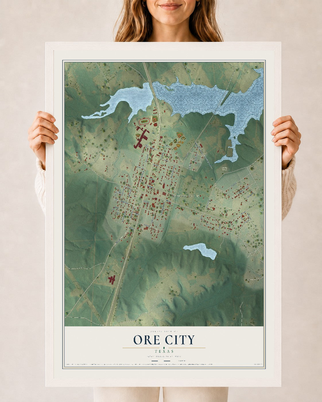 Map of Ore City, Texas, 24 x 36 inch print in a white wood frame