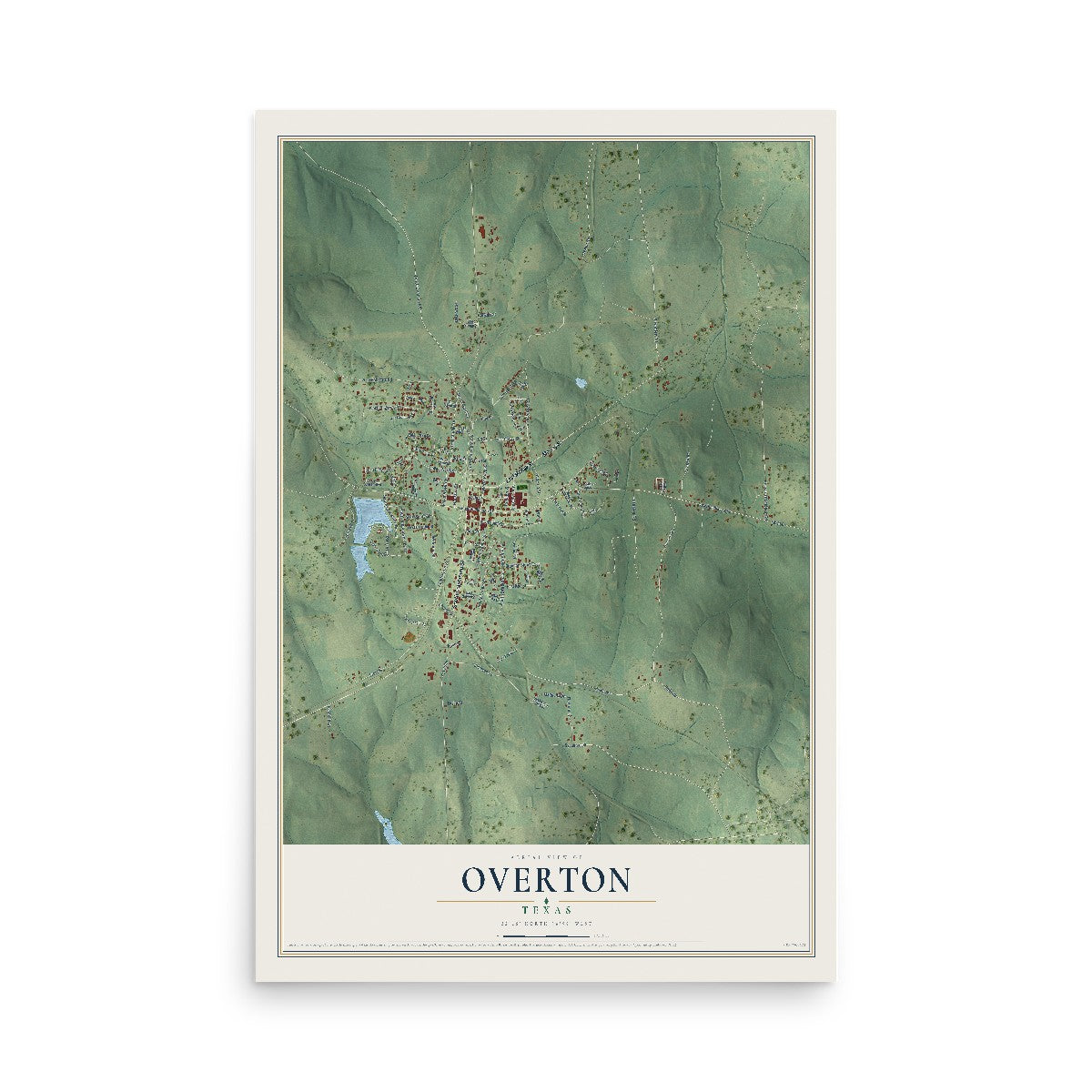 Map of Overton, Texas, 12 x 18 inch unframed archival matte print