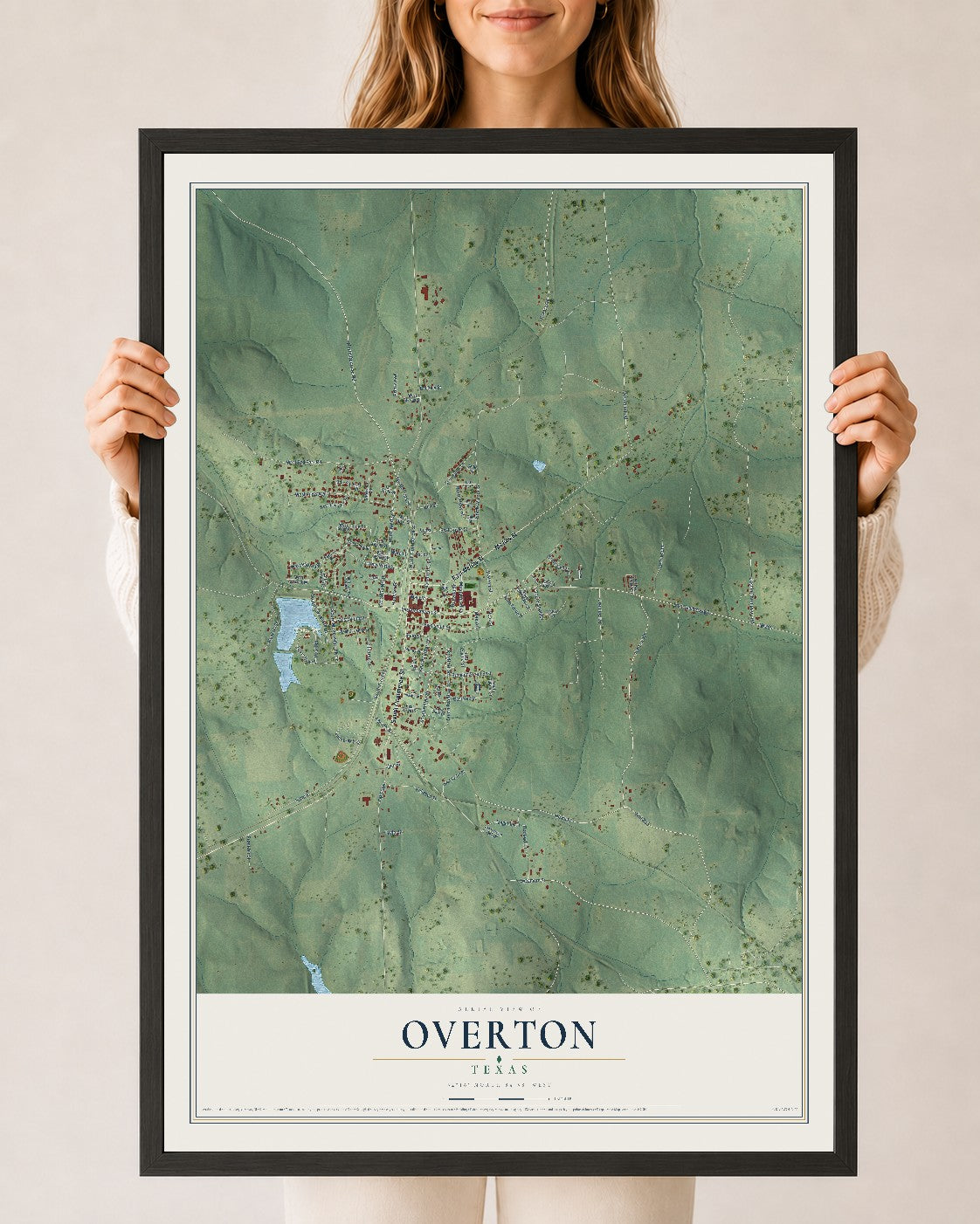 Map of Overton, Texas, 24 x 36 inch print in a black wood frame