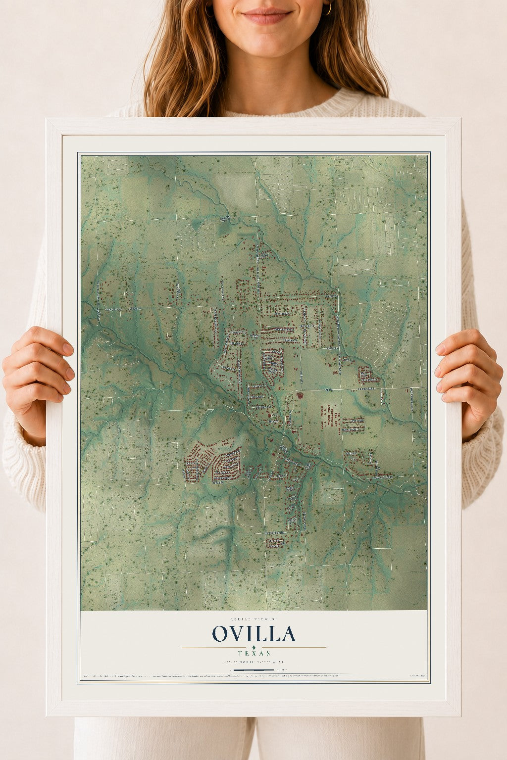 Map of Ovilla, Texas, 18 x 24 inch print in a white wood frame
