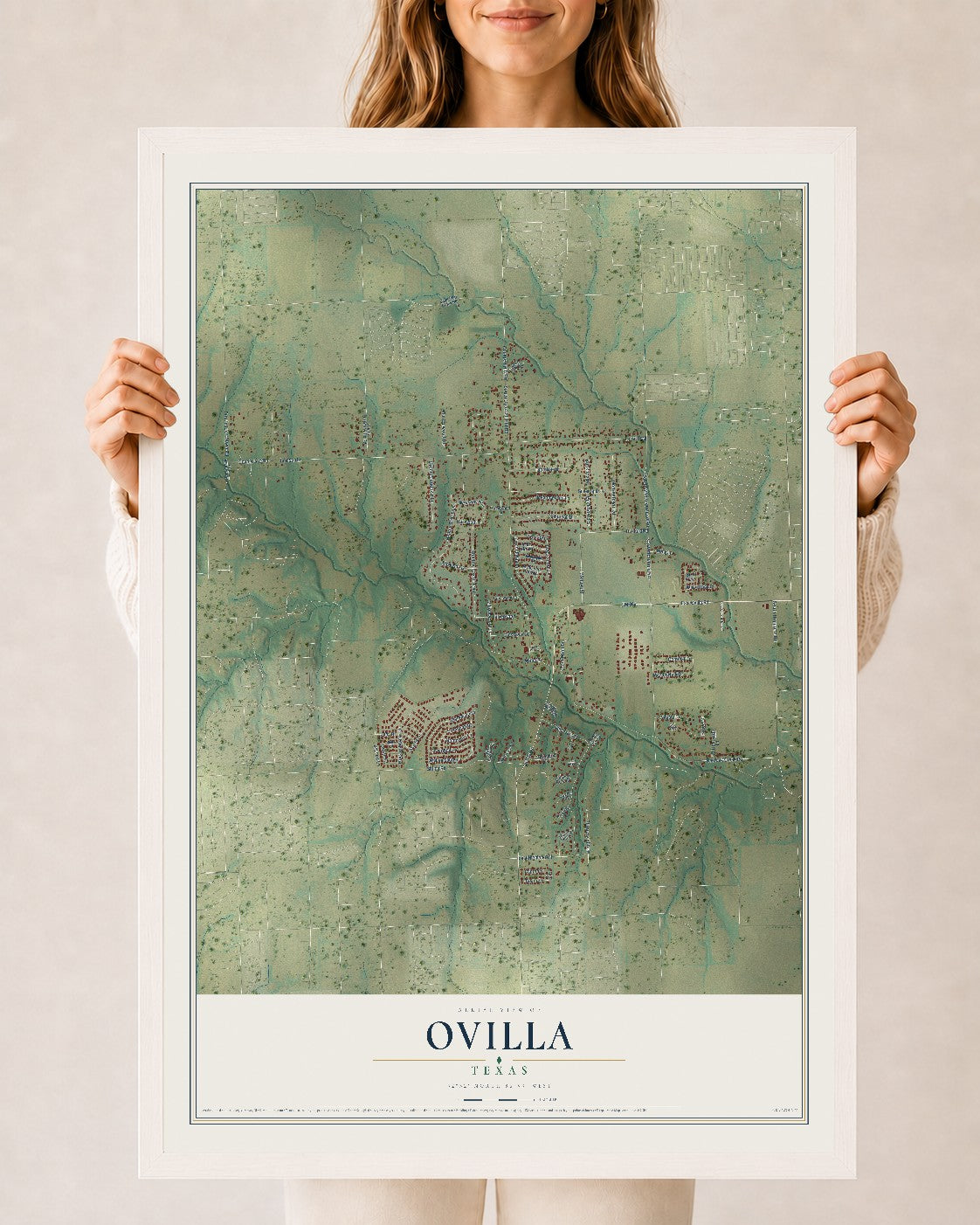 Map of Ovilla, Texas, 24 x 36 inch print in a white wood frame