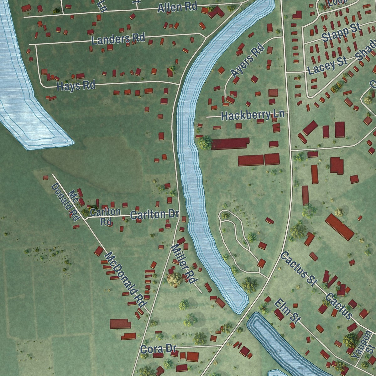 Close-up of the map of Oyster Creek, Texas print showing street and building detail