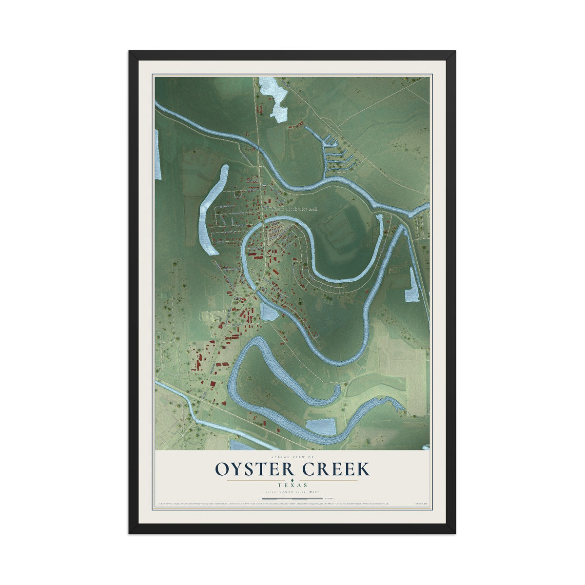 Map of Oyster Creek, Texas, 12 x 18 inch print in a black wood frame