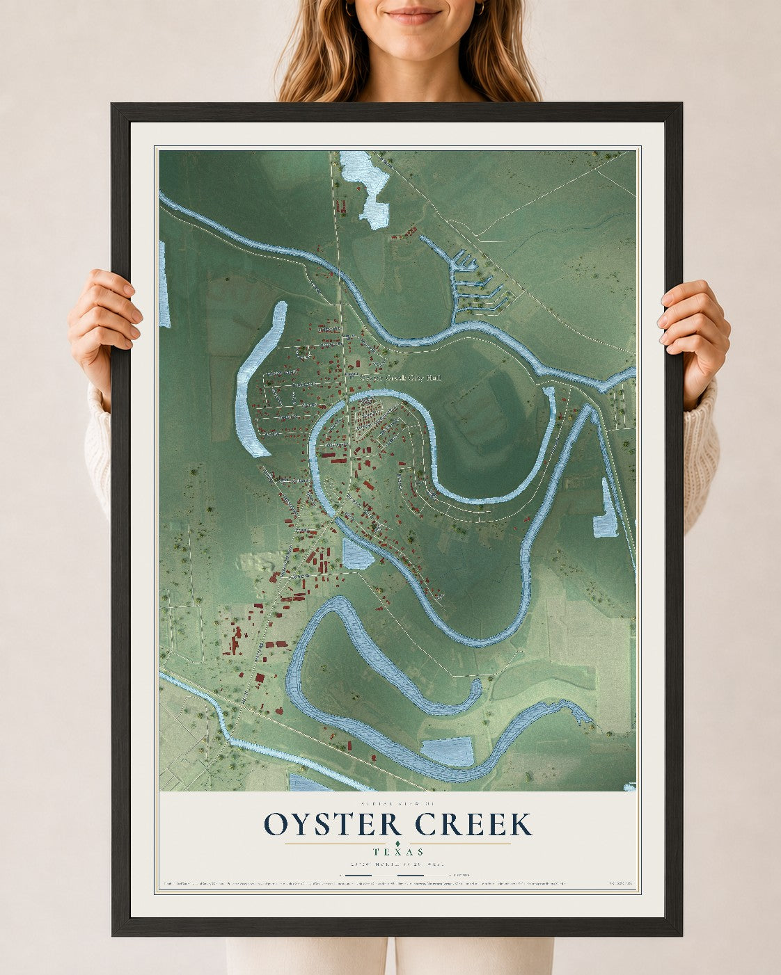 Map of Oyster Creek, Texas, 24 x 36 inch print in a black wood frame