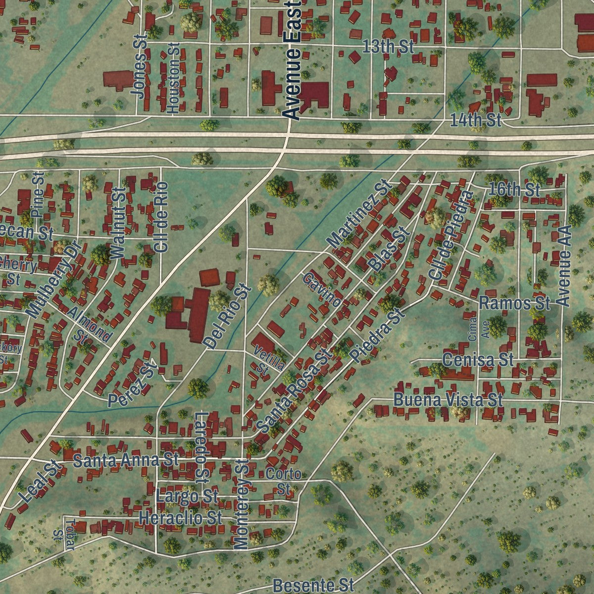 Close-up of the map of Ozona, Texas print showing street and building detail