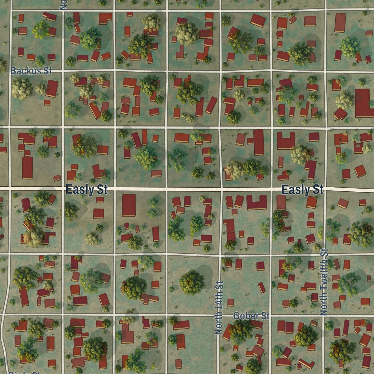 Close-up of the map of Paducah, Texas print showing street and building detail
