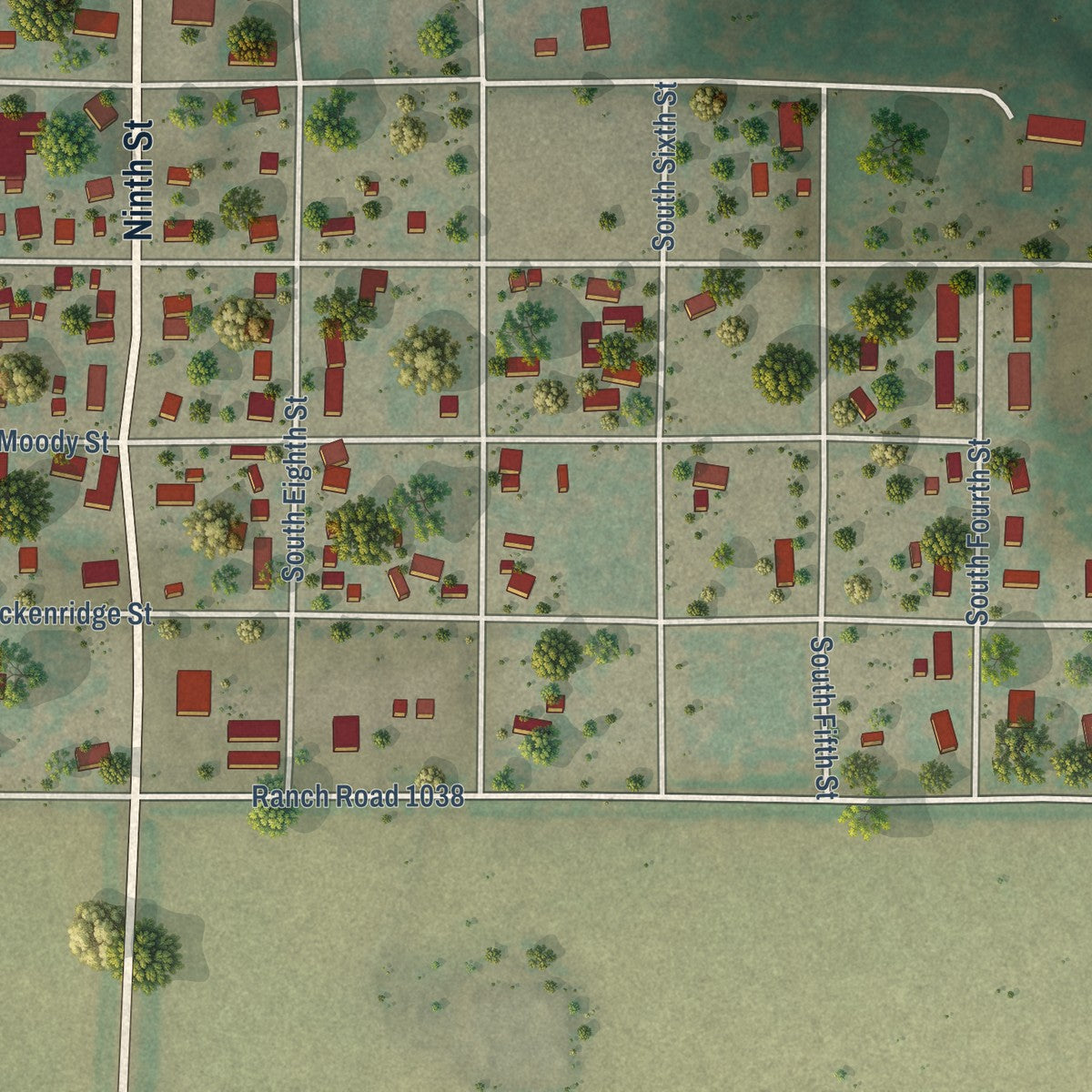 Second close-up of the map of Paducah, Texas print showing more streets and buildings