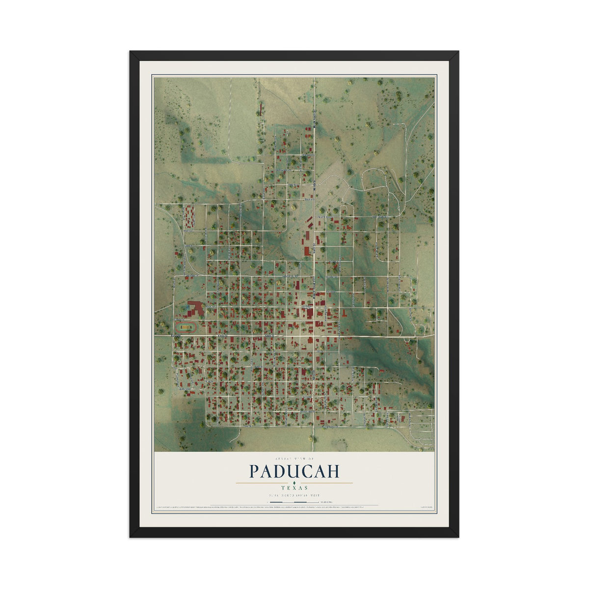 Map of Paducah, Texas, 12 x 18 inch print in a black wood frame
